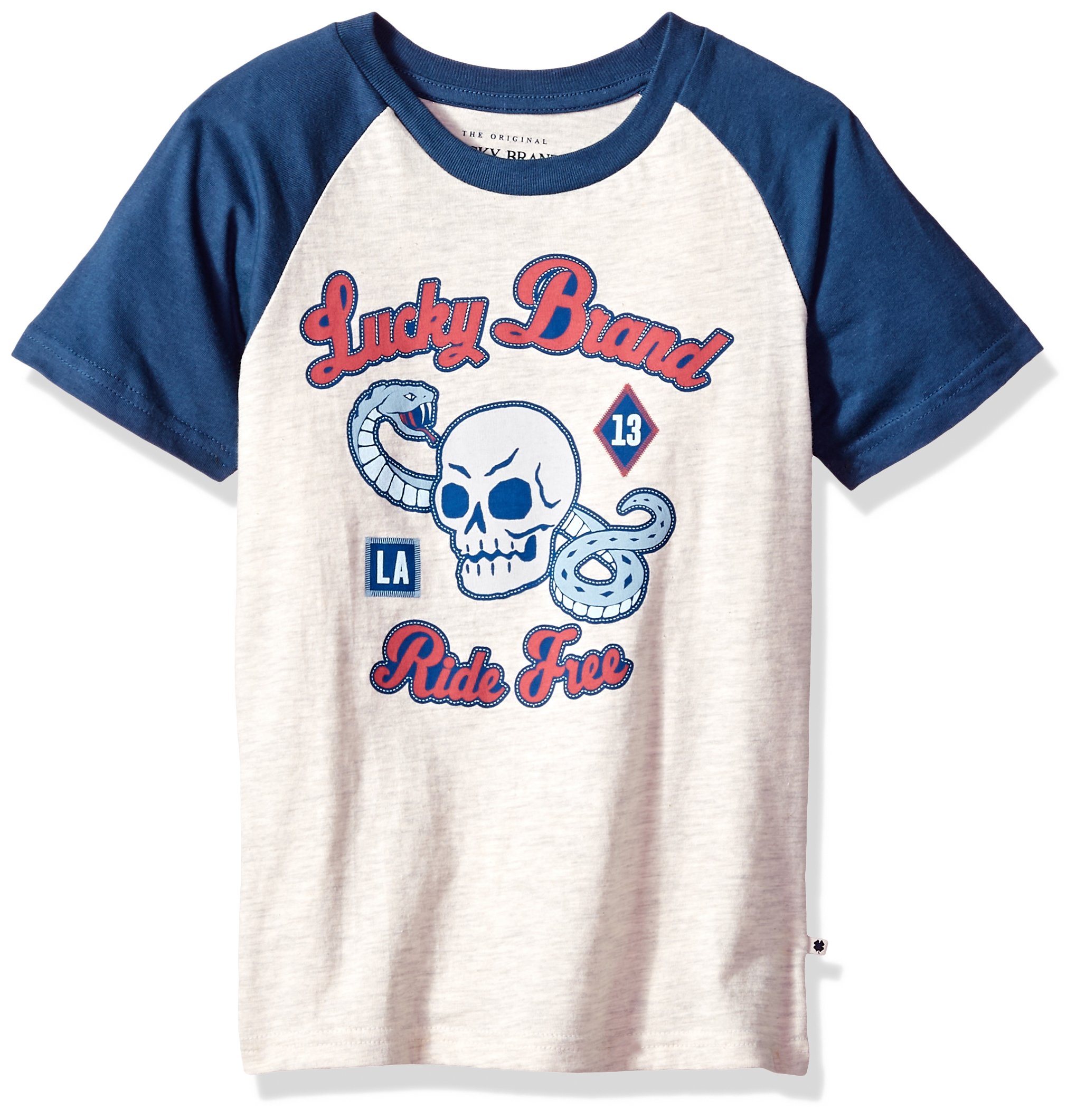 Lucky Brand Boys' Short Sleeve Legacy Crew Neck T-Shirt, Oatmeal Heather Ride Free 4077, 6