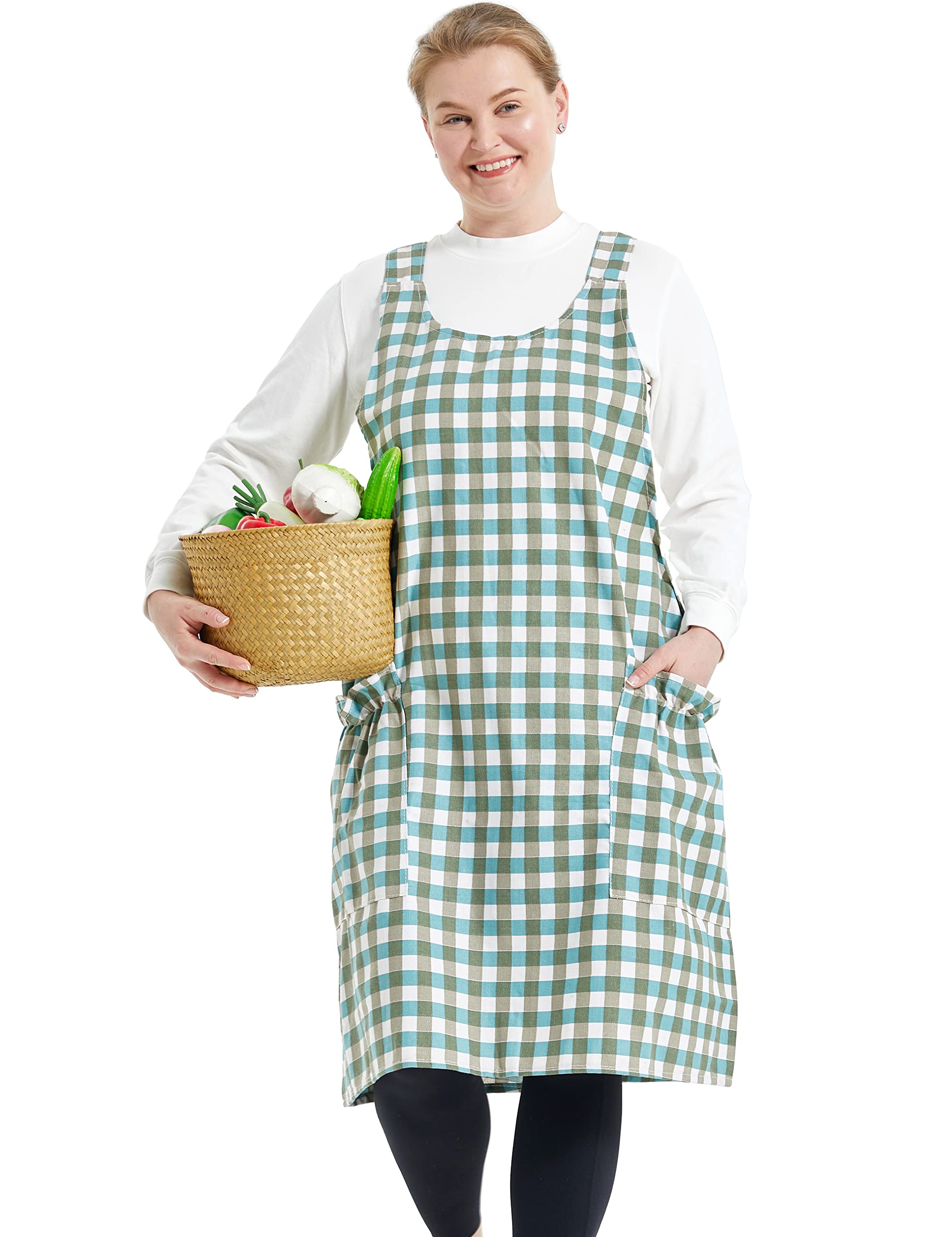 APRONNER Big Plus Size Aprons for Women with Pockets Cotton Linen Baking Kitchen Cooking, Green Grid, Large