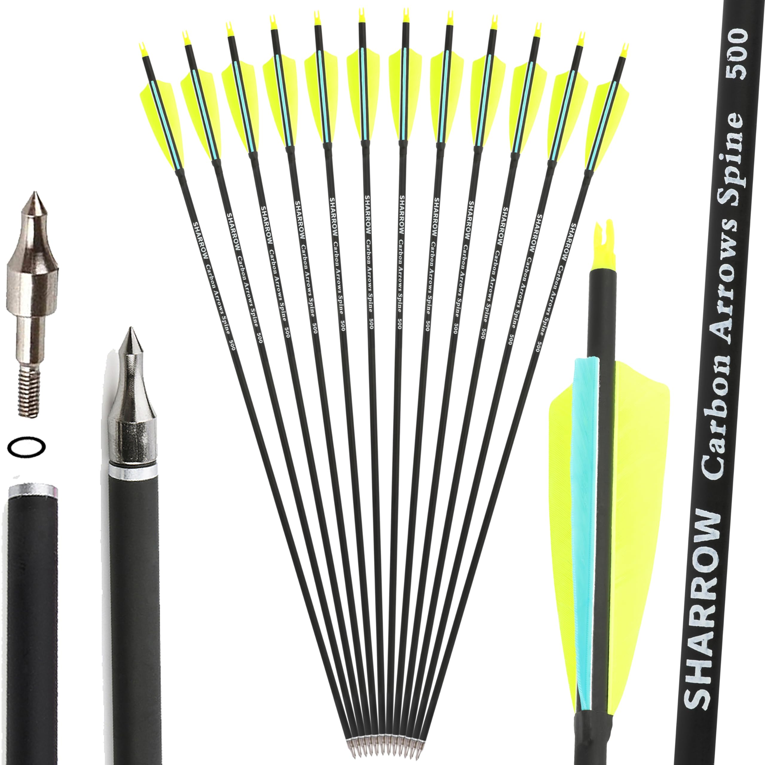 SHARROW 32 Zoll Carbon Pfeile für Bogenschießen Spine 500 Kohlenstoffpfeil Jagd Bogen Pfeile Jagdpfeile mit 4 Zoll Natürliche Federn für Pfeil Und Bogen Recurvebogen Compoundbogen