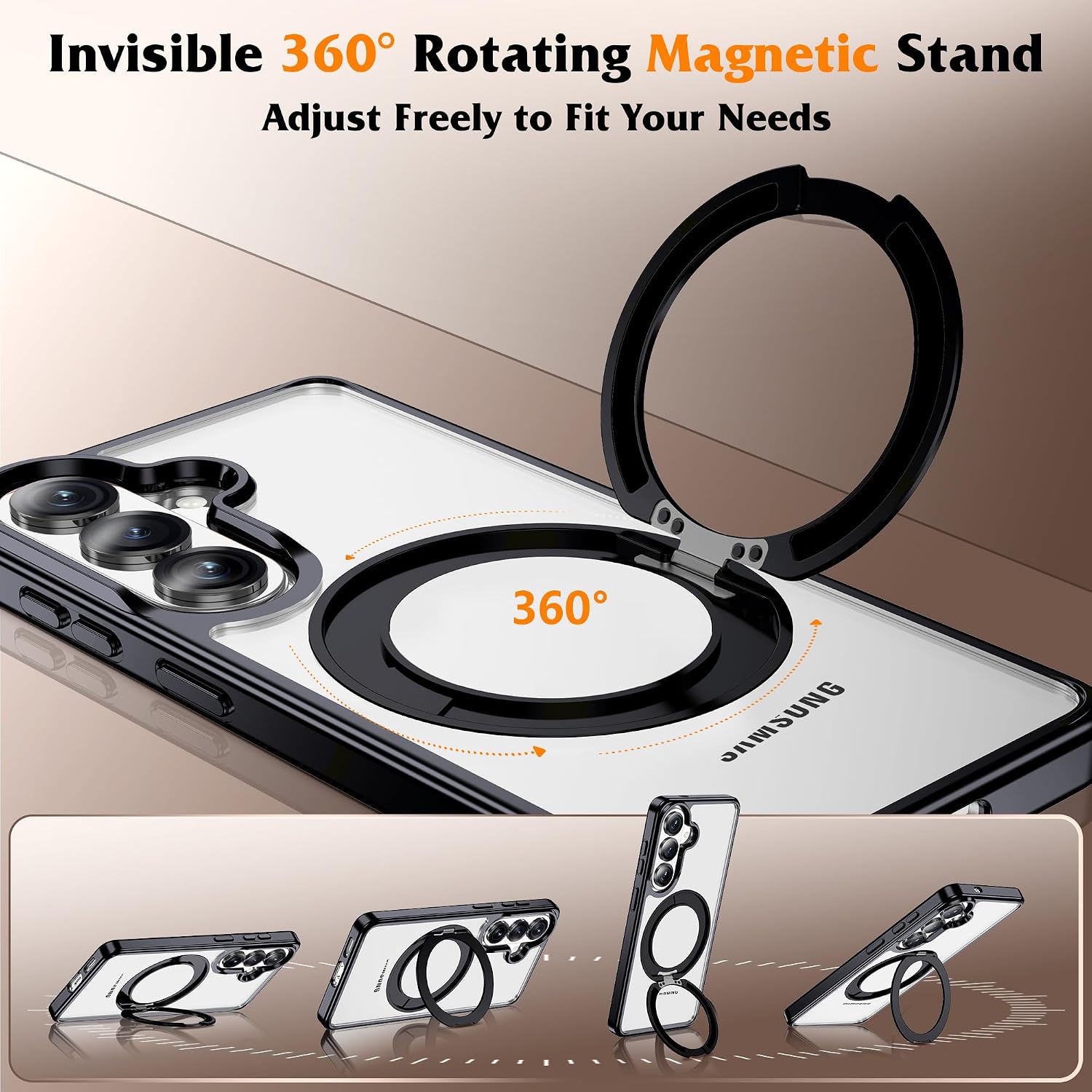 Compatible with Clear Samsung Galaxy S26 Case with 360° Invisible Magnetic Ring Stand [Compatible with Mag-Safe] Shockproof Plating Phone Case for S26 6.3",Black