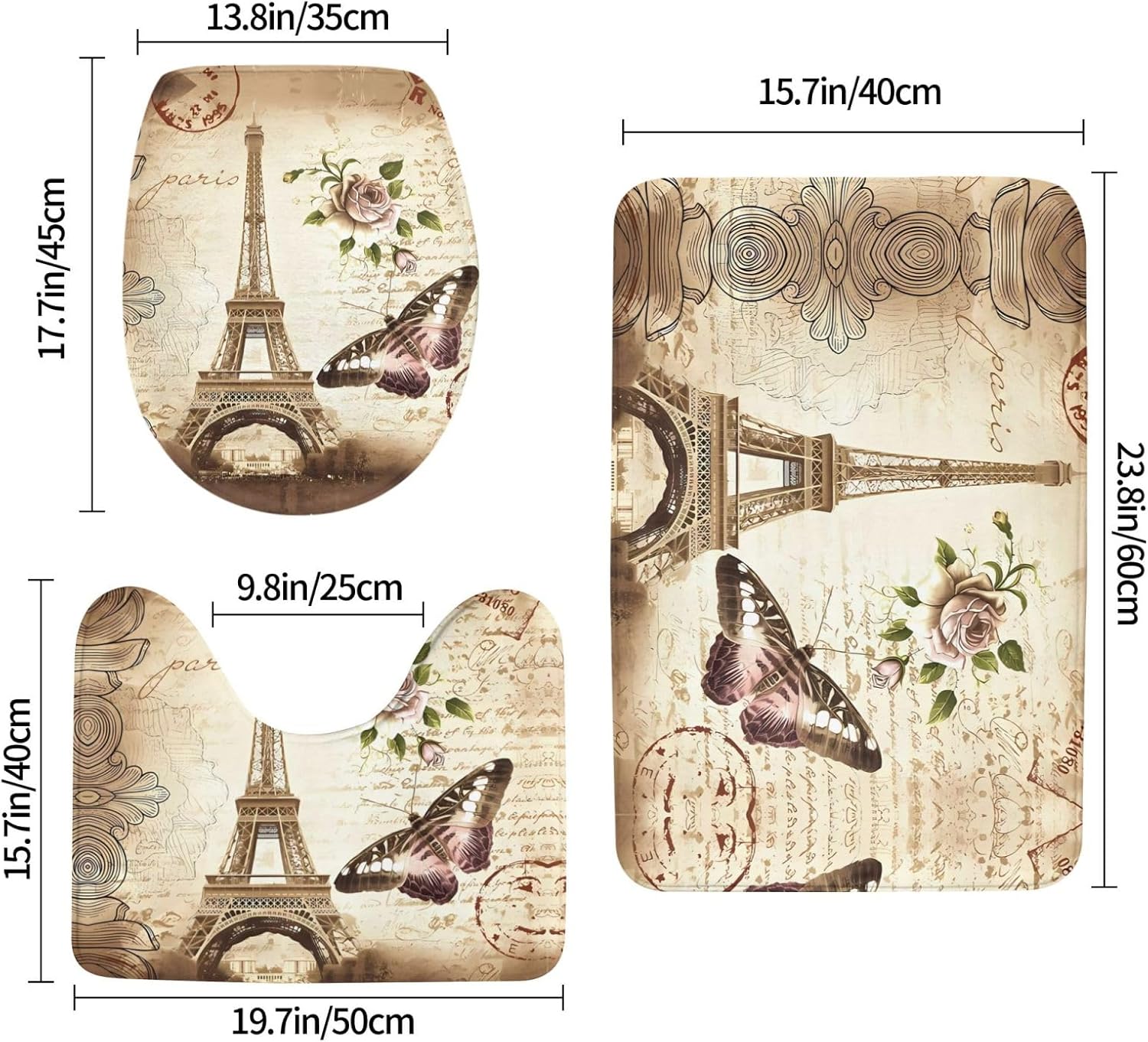 Vintage Paris Eiffel Tower Butterfly Bathroom Rugs Sets 3 Piece, Non-Slip Flannel Bath Mats for Bathroom, Washable Bath Carpet, Absorbent Bathroom Mats with Toilet Rug