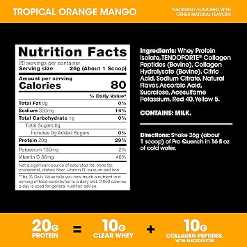 Optimum Nutrition Pro Quench, 10g Clear Protein, 10g Collagen peptides & Electrolyte Powder Drink Mix, Tropical Orange Mango, 20 Servings, 520 Grams (Packaging May Vary) | Clear Whey Protein & Collagen Peptides Sports Drink Mix with Electrolytes, No Added Sugar, No Artificial Flavors, Easy Mixing
