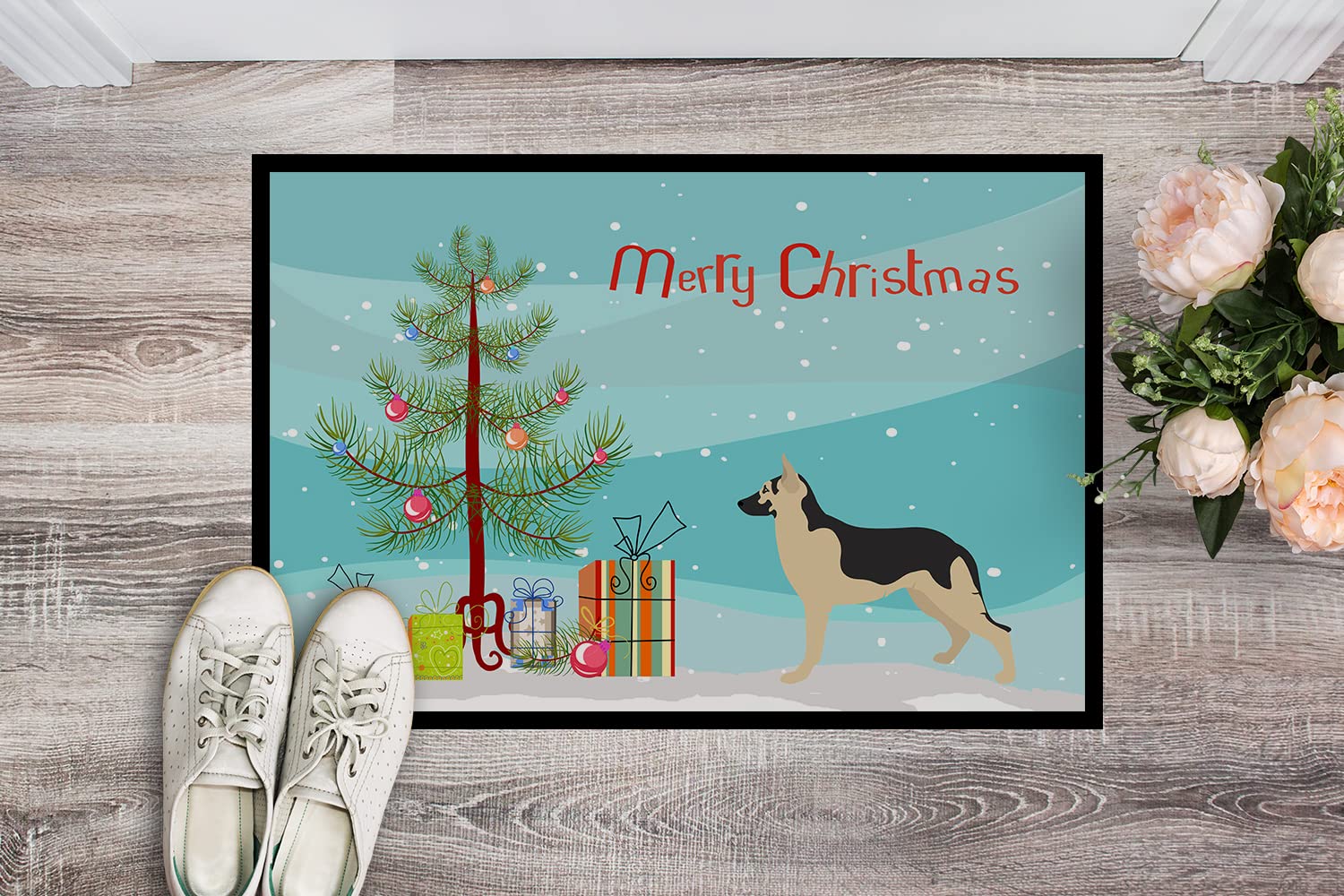 Caroline's Treasures BB8492MAT German Shepherd Christmas Doormat 18x27 Front Door Mat Indoor Outdoor Rugs for Entryway, Non Slip Washable Low Pile, 18H X 27W