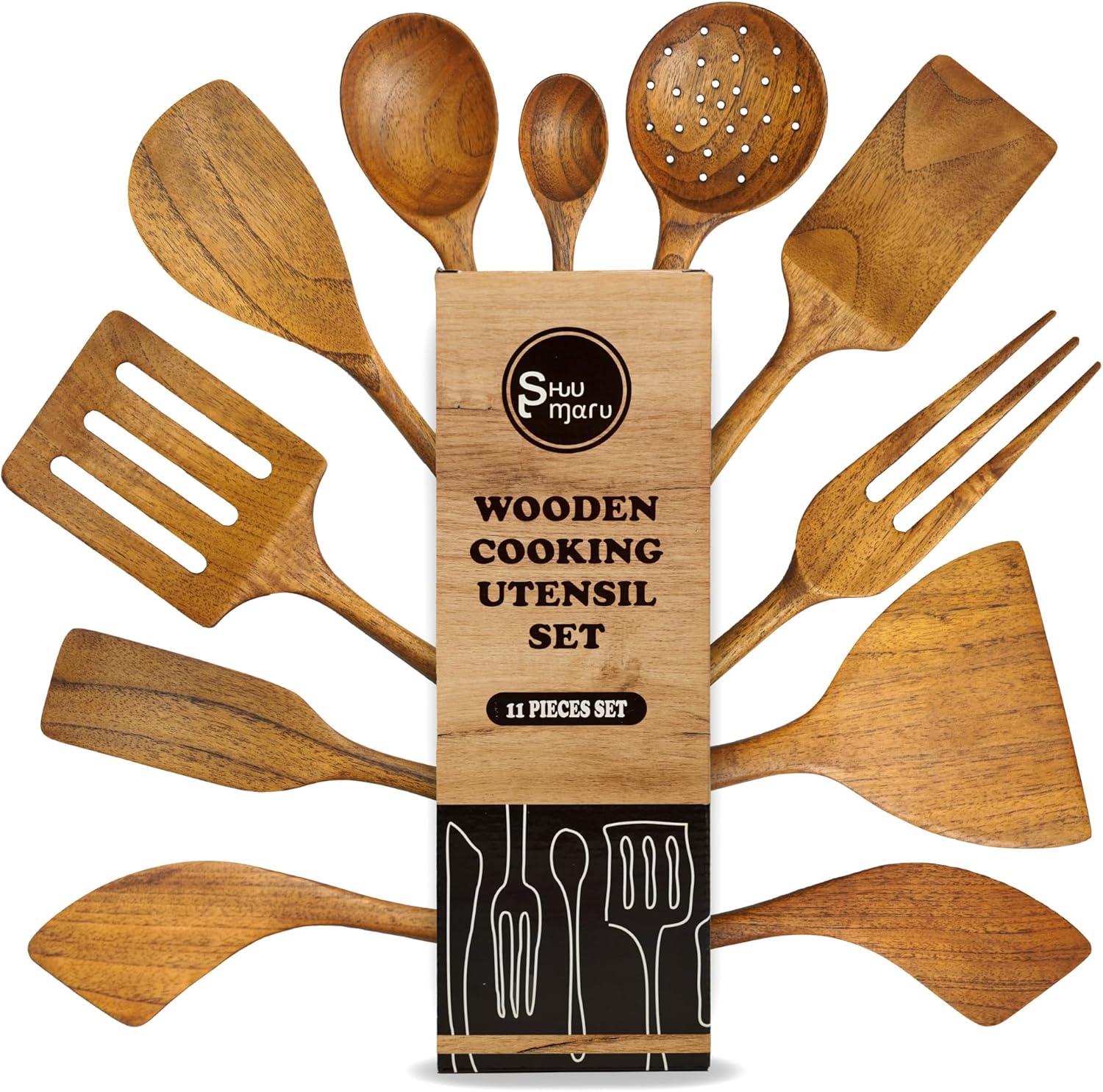 SHUMARU 11-Piece Handmade Teak Utensil Set – Premium Old Bali Teak Wooden Cooking Spoons & Spatulas, Eco-Friendly & Ergonomic Kitchen Tools Safe for Non-Stick Cookware