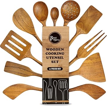 SHUMARU 11-Piece Handmade Teak Utensil Set Premium Old Bali Teak Wooden Cooking Spoons & Spatulas, Eco-Friendly & Ergonomic Kitchen Tools Safe for Non-Stick Cookware