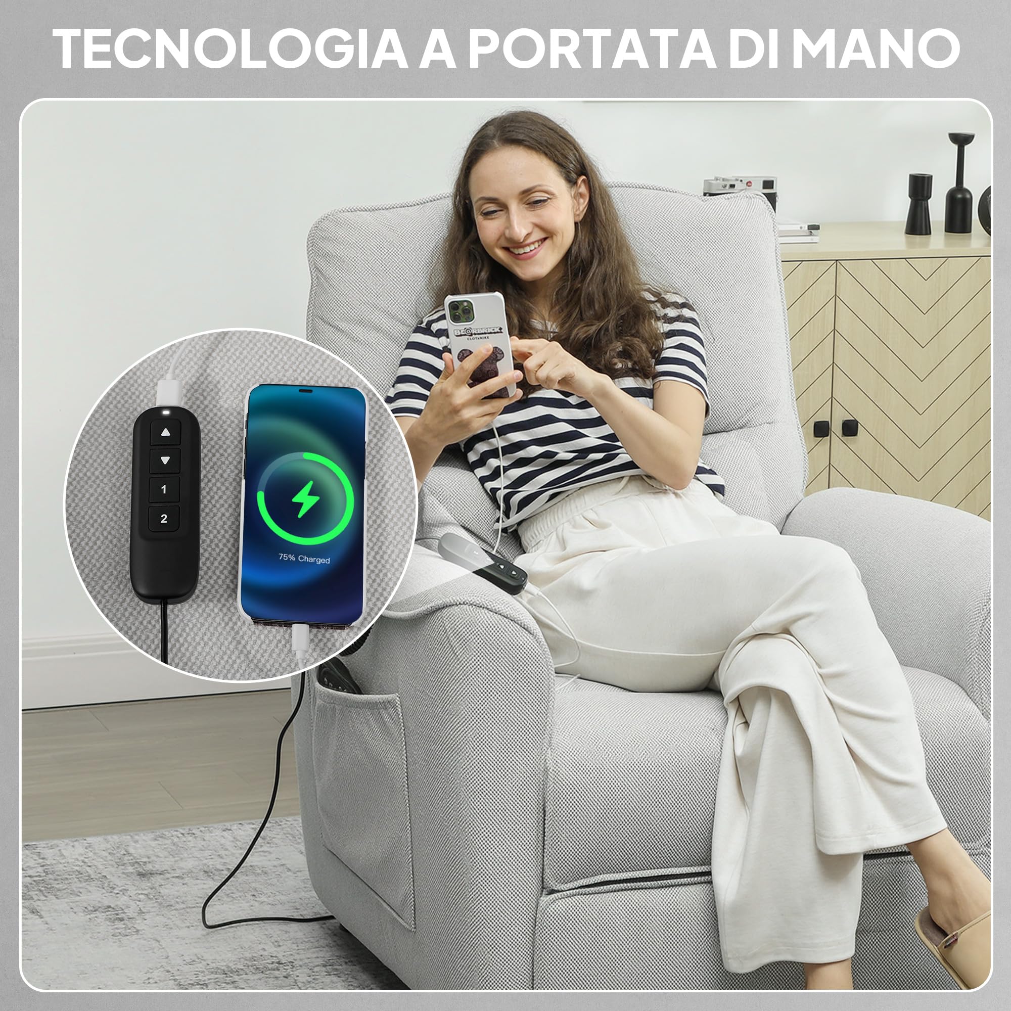 HOMCOM Poltrona Relax Elettrica Massaggiante e Riscaldante, Silenziosa, Poltrona Reclinabile 150° in Ciniglia con Cuscino, Funzione Memory, 2 Telecomandi, Poggiapiedi, USB per Soggiorno, Grigio Chiaro