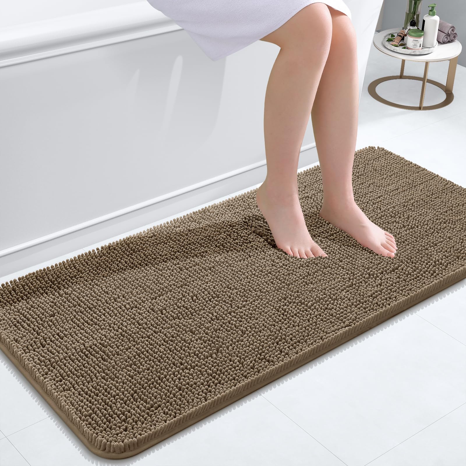 OLANLY Bathroom Runner Rugs 47x20, Extra Soft Absorbent Chenille Bath Rugs | Tan, Quick-Drying Rubber Backing, Machine Washable Long Bath Mat for Bathroom Floor, Tub and Shower, Home Decor Accessories