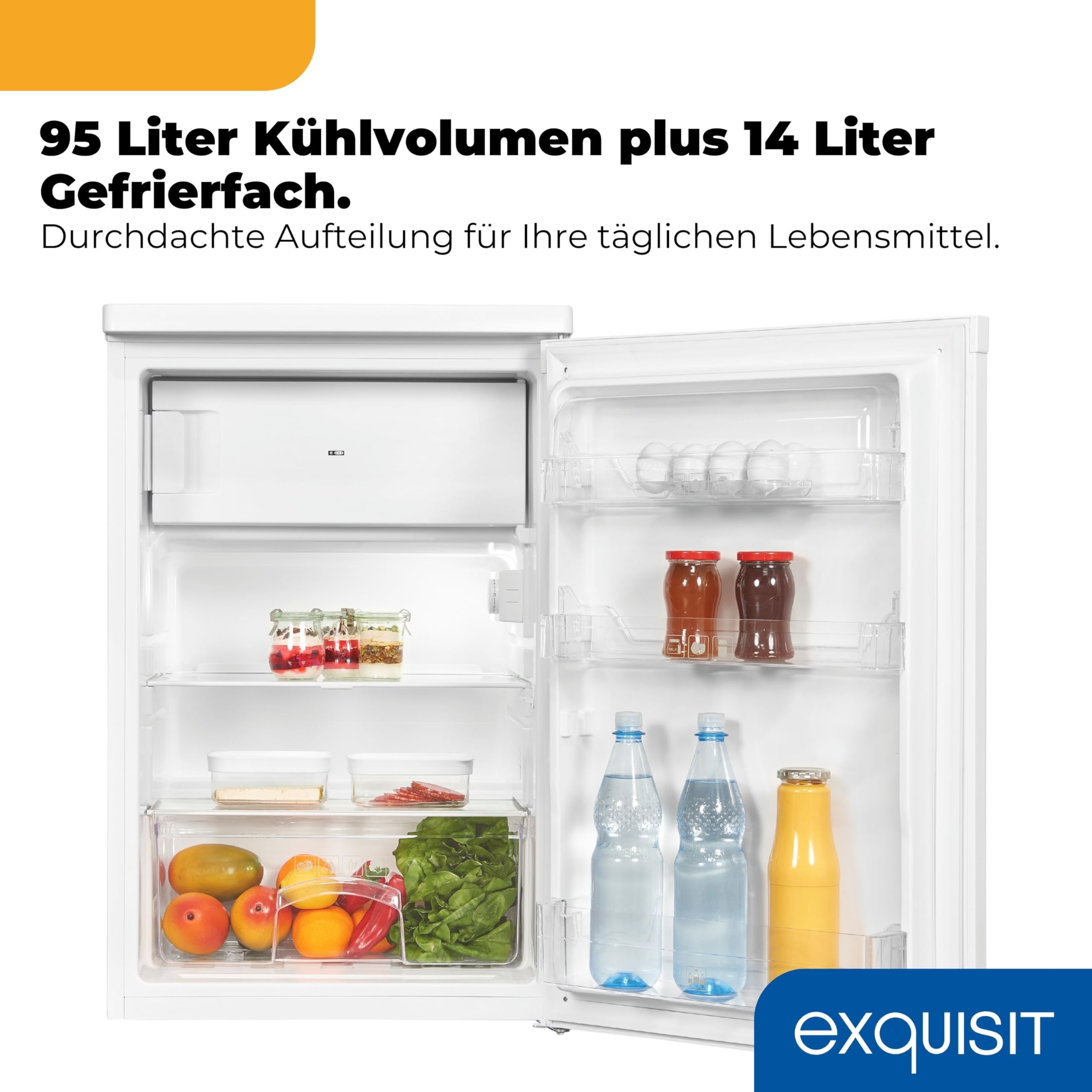 Exquisit KS516-4-E-040E Kühlschrank mit Gefrierfach, 109 l, LED, Weiss | Kompaktes Standgerät mit 4-Sterne-Gefrierfach, 139 kWh/Jahr, 40 dB, wechselbarer Türanschlag, 85 cm hoch, Glasablagen
