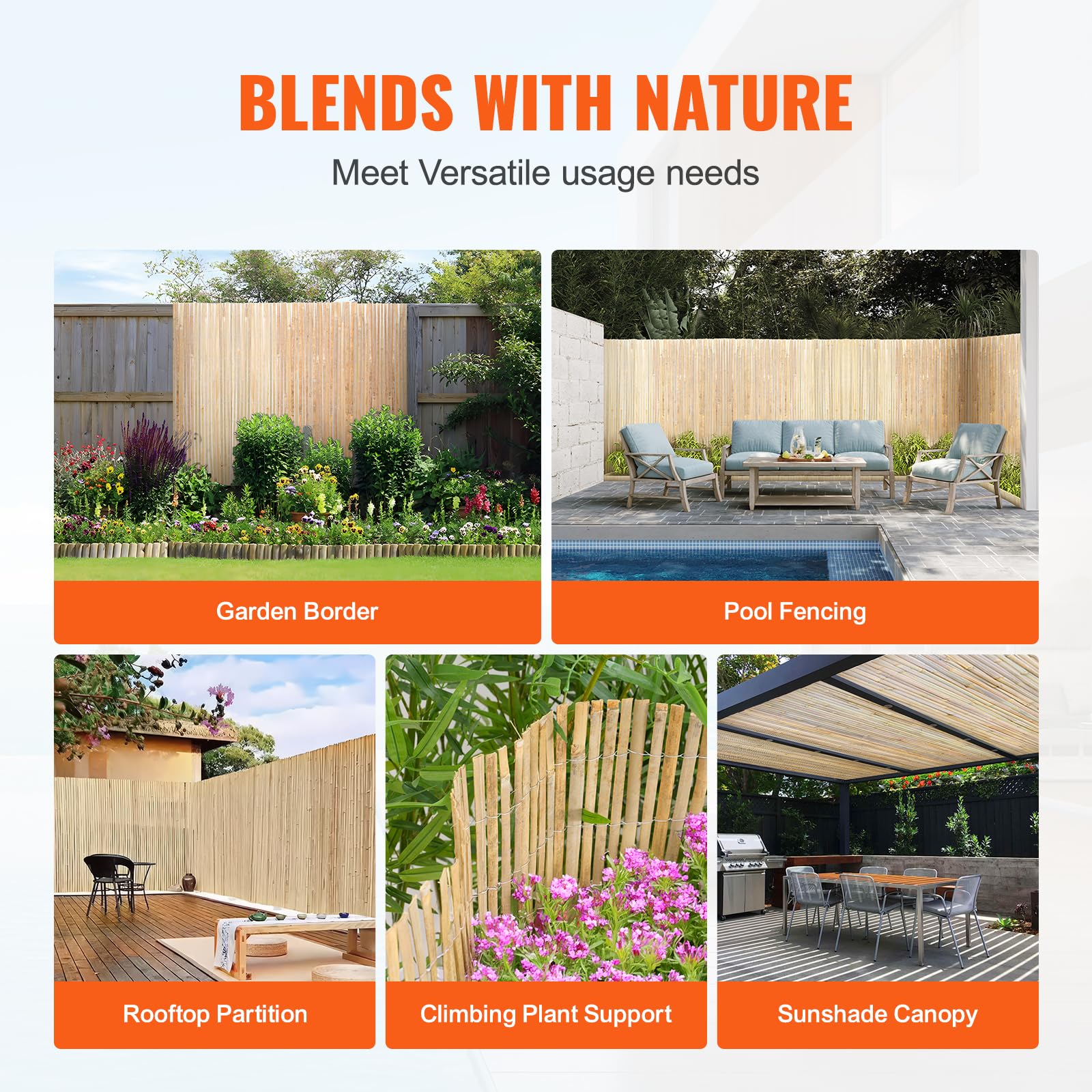 VEVOR Valla de Láminas de Bambú Natural 4,8 x 1,8 m Pantalla de Privacidad Rollo Protector Decorativo de Bambú para Ocultación en Jardín, Patio Trasero, Balcón, Junto a la Piscina, Madera Natural
