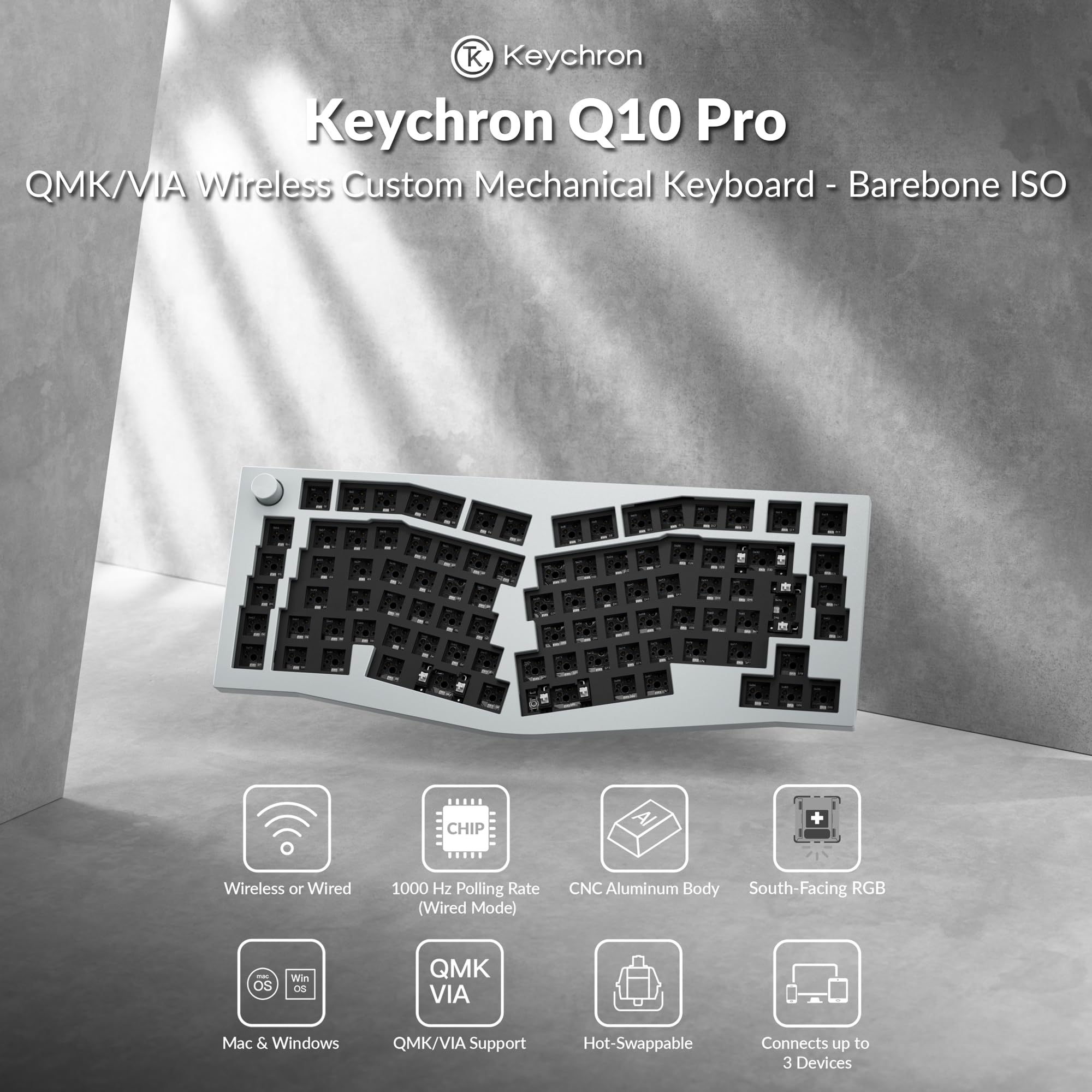 Keychron Q10 Pro Kit de Teclado Mecánico Alice 75% ISO, Cuerpo de Aluminio CNC, Programable QMK, RGB, Bluetooth 5.1, Kit de Juegos Barebone, para Interruptores de 3/5 Pines, Mac y Windows - Gris