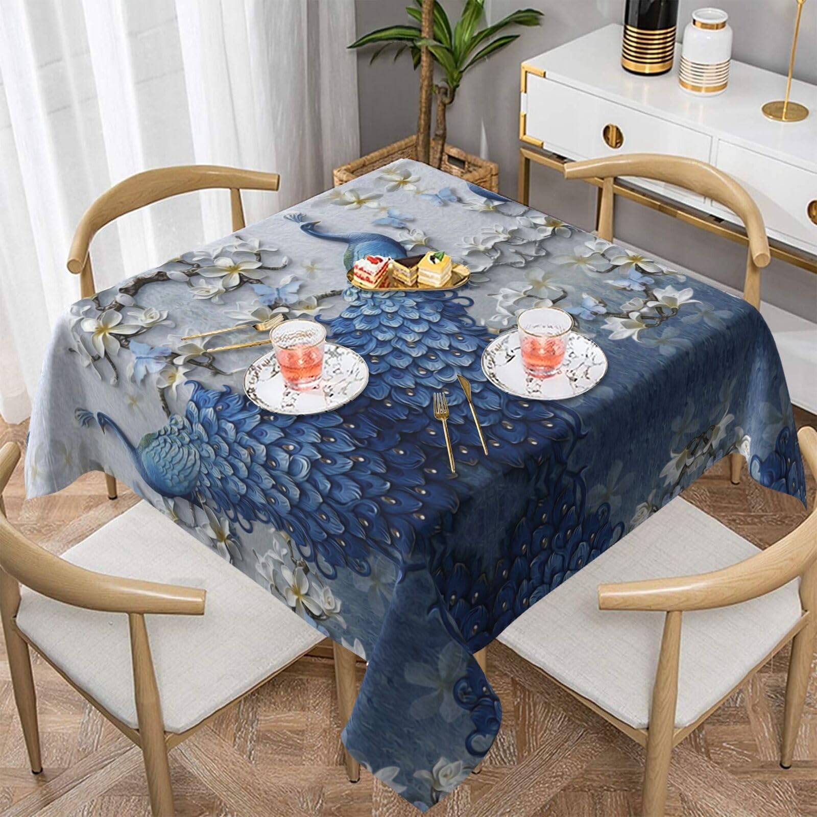Nappe carrée paon facile à nettoyer nappe imperméable table cuisine extérieur 152cm