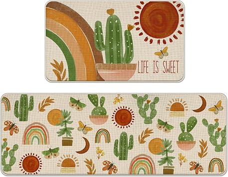 Boho Cactus Rainbow Kitchen Rugs Set of 2, Life is Sweet Bohemian | Cacti Sun Moon Kitchen Mats Decor, Summer Butterfly Plant Floor Door Mat Home Decorations - 17x29 and 17x47 Inch