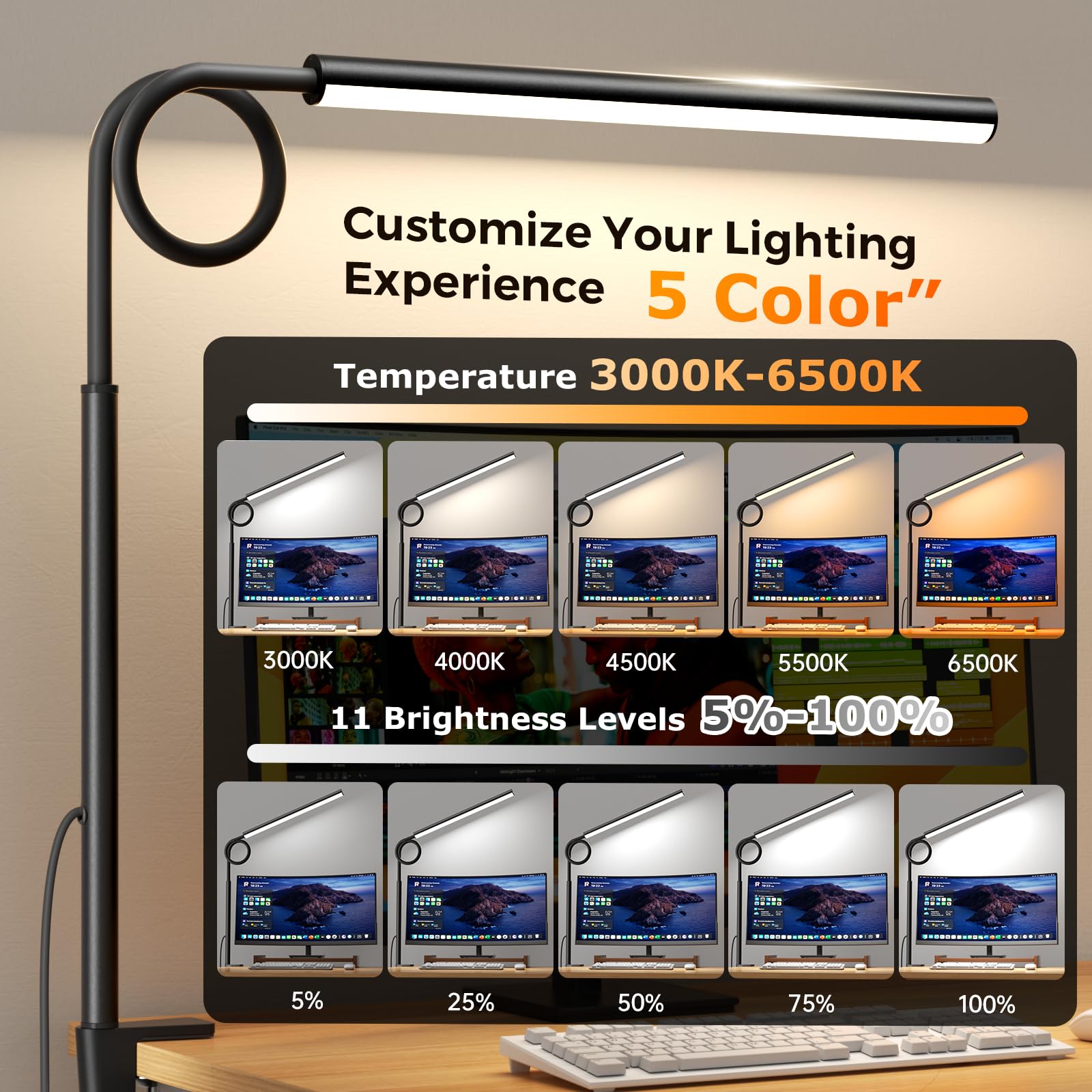 WHW3WIN LED Desk Lamp with Clamp, Flexible Gooseneck, 5 Lighting Modes, 11 Brightness Levels, Timer & Memory - Image 2
