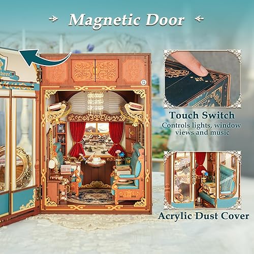 Miniatura 5 de Tonecheer Kit de rincón de libros para adultos, cabina de tren infinito en miniatura, modelo europeo de carruaje vintage, rompecabezas 3D de madera,