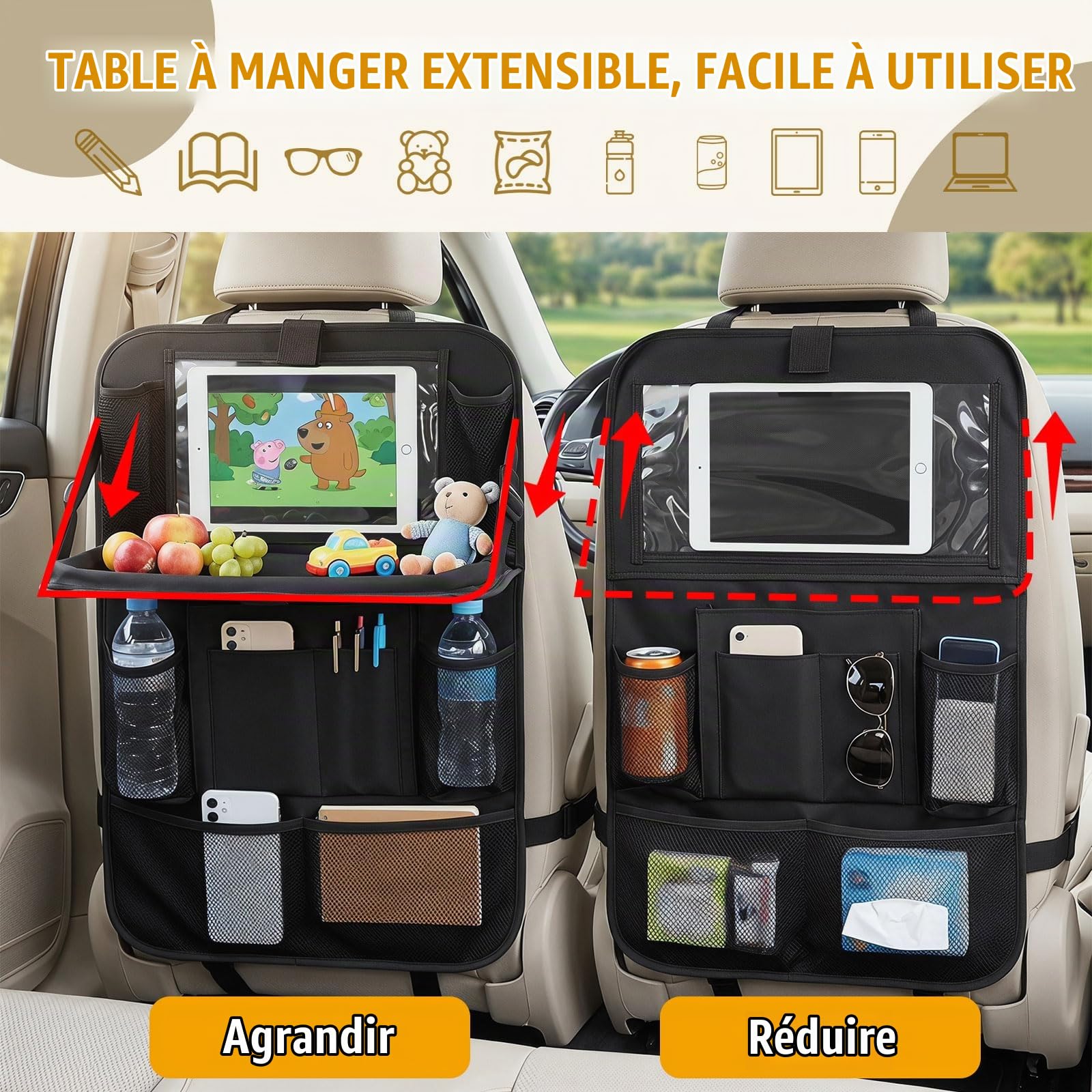 Organisateur Voiture Enfant, Lot de 2 Organisateurs de Siège de Voiture | Protection Siege Voiture Enfant Étanche Avec Table Pliante, Rangement pour Tablette/Téléphone et 9 Poches, 42 x 61 cm