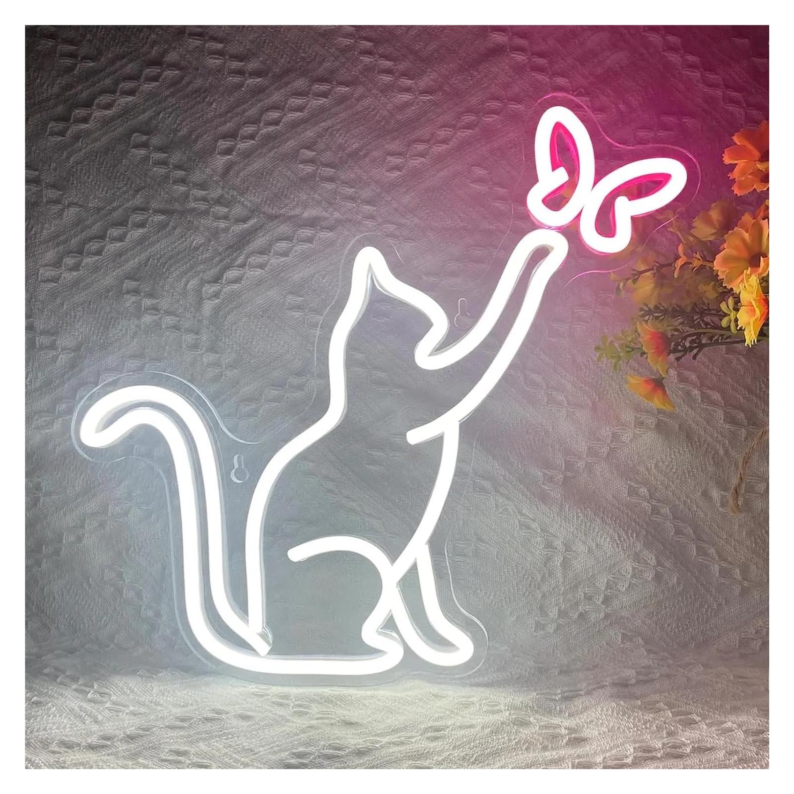 XENITE Luces Art Decoration Christmas Letreros De Neón Con Diseño De Gato Y Mariposa, Con Alimentación USB, Para Pared, Decoración Del Hogar, Lámpara Colgante Para Sala De Estar 29.5cmx33cm