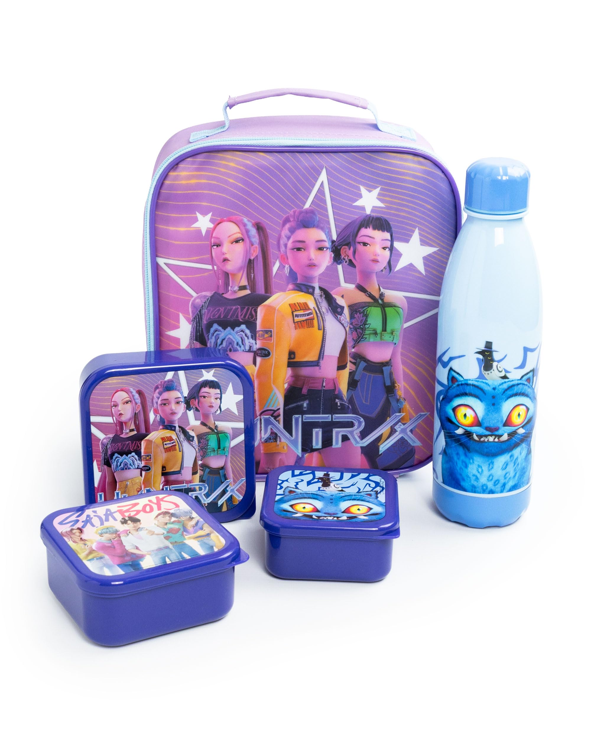 KPop Demon Hunters Purple Lunch Bag | Insulated Food Container with Bottle & 3 Snack Pots | Cartoon Character School Lunchbox | K-Pop Demon Hunters Merch