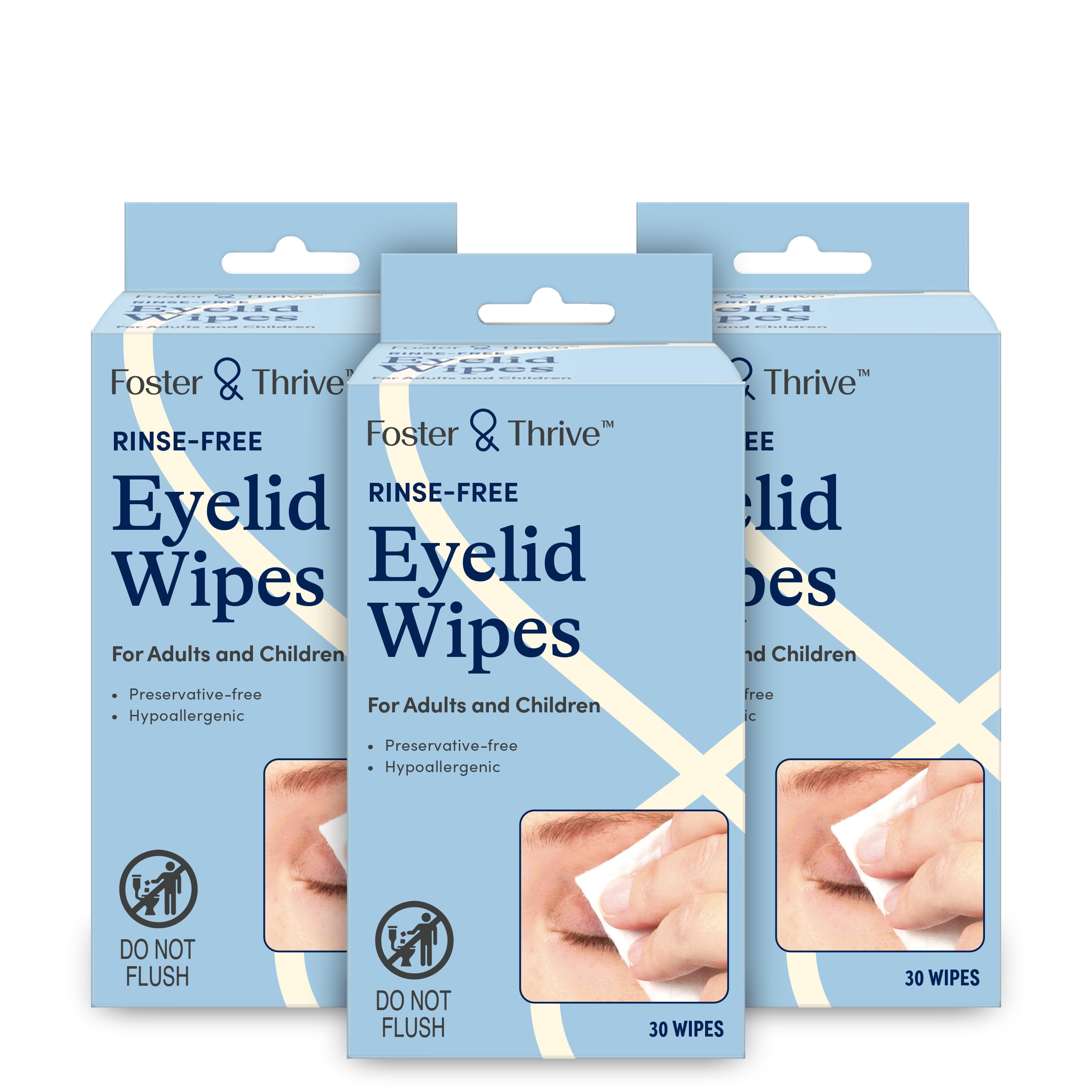 Limpiador de párpados Foster & Thrive, hipoalergénico, sin enjuague ni conservantes, toallitas prehumedecidas para párpados, para afecciones leves a moderadas, reconforta y alivia la irritación de los párpados, 30 toallitas (paquete de 3)