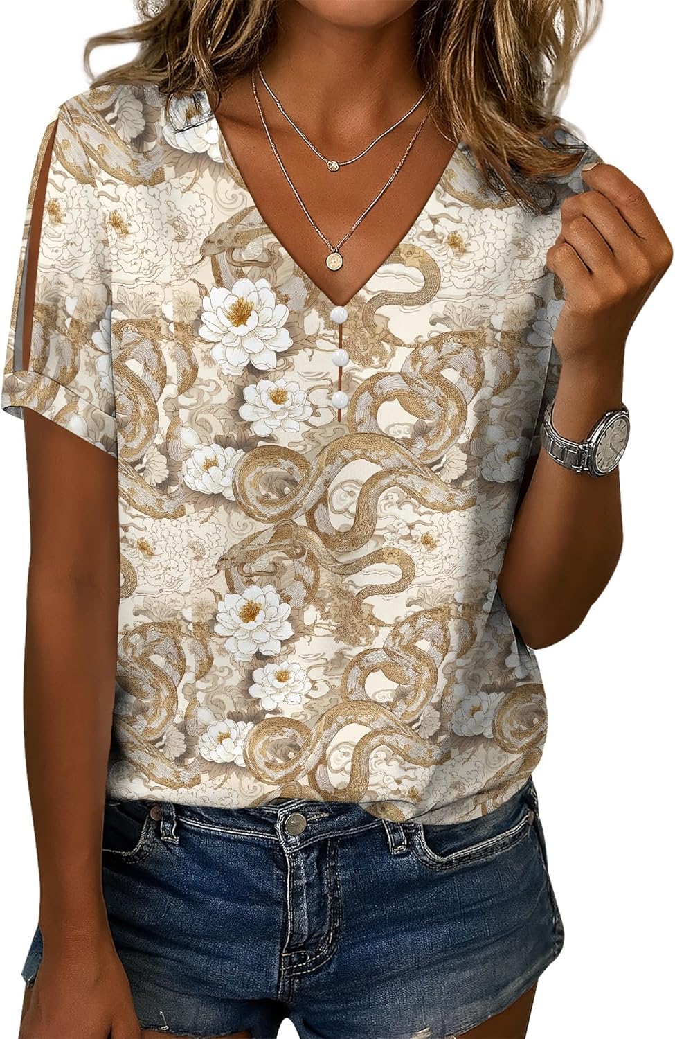 Women’s V-N ECK Floral Printed Short Sleeve Blouse Ladies Boho Casual Cotton Linen Blend Button Tunic Tops