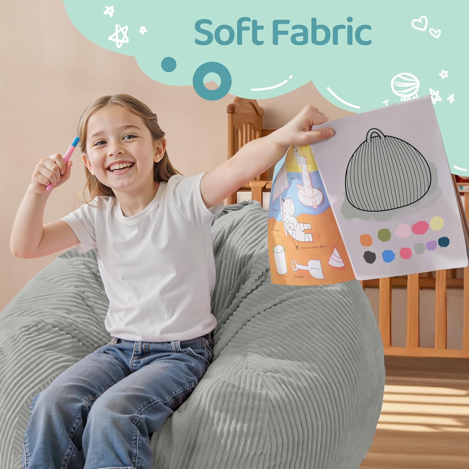 2FT Bean Bag Chair: 2' Bean Bags with Memory Foam Filled,Comfy Beanbag Chairs Teardrop Bean Bag Sofa with Corduroy Cover, Light Grey