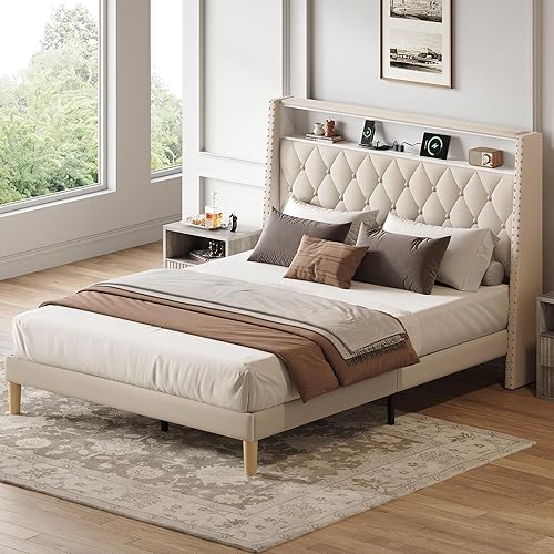 WLIVE Base de cama tapizada tamaño Queen con cabecera de ala de 48 pulgadas de alto, cama cuadrada de terciopelo con estación de carga, soporte de