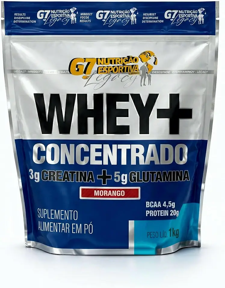 WHEY CONCENTRADO + 3g CREATINA + 5g GLUTAMINA - REFIL 1KG - SABOR MILKSHAKE MORANGO - G7 NUTRIÇÃO ESPORTIVA LEGACY