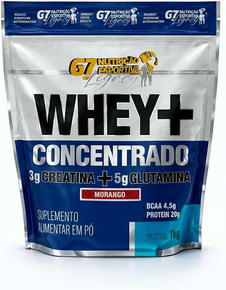 WHEY CONCENTRADO + 3g CREATINA + 5g GLUTAMINA - REFIL 1KG - SABOR MILKSHAKE MORANGO - G7 NUTRIÇÃO ESPORTIVA LEGACY