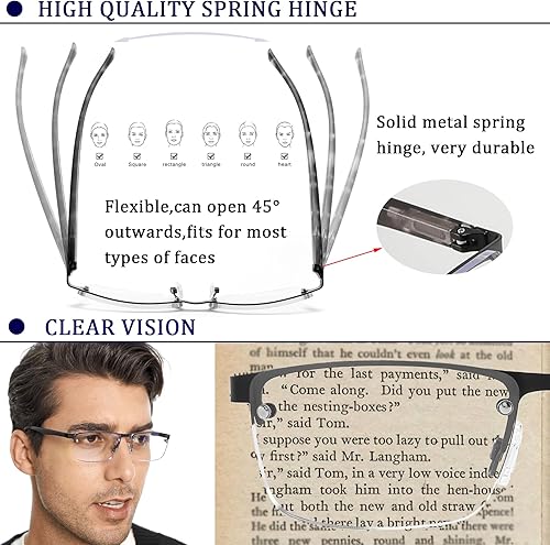 Miniatura 5 de Readersoul Paquete de 3 lentes de lectura para hombre, bloqueo de luz azul, lectores de computadora de medio marco con bisagra de resorte