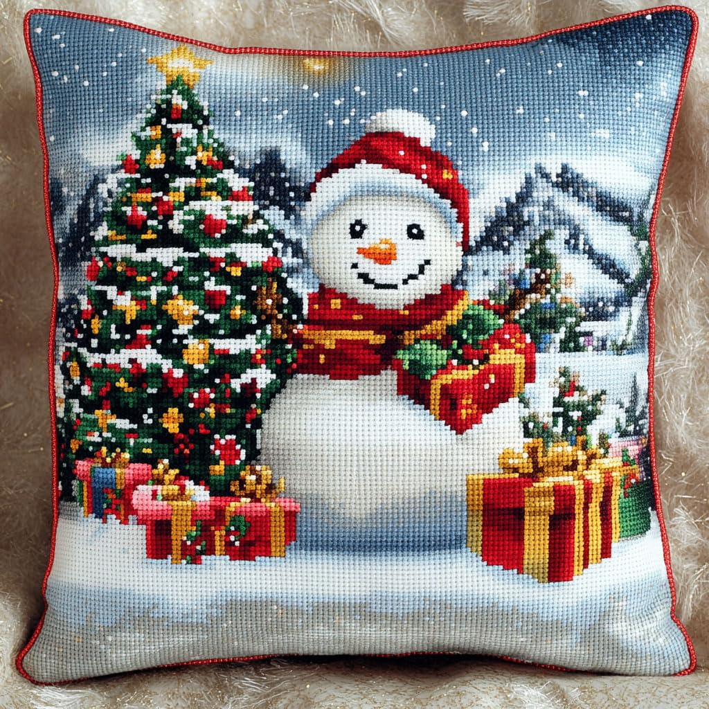 AMBATTERY Cross Stitch Pillow Kit, Christmas Tree and Snowman Needlework Pillow Kits 45X45cm Needlepoint Craft Set Cushion Kit pre Printed Handmade Cushion Cover Kit Stitched Cushion Kit