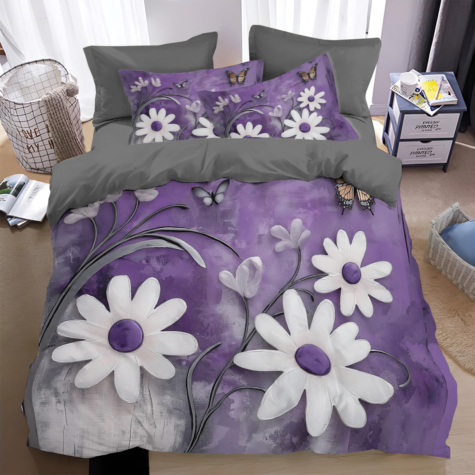 Housse de Couette 240x260 cm au motif imprimé de marguerite blanche rustique