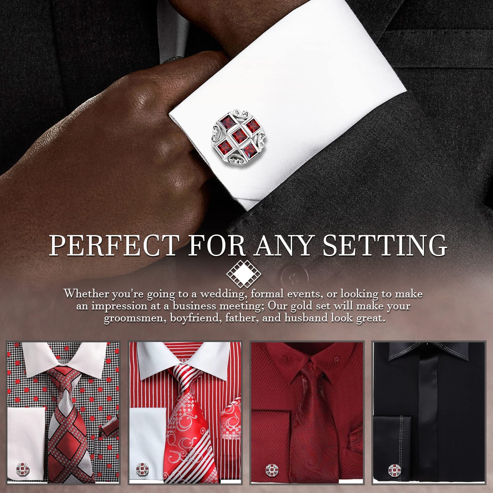 HAWSON Gemelos brillantes para camisa de hombre para traje, en caja de regalo, a juego con corbata sólida en rojo, blanco, negro y azul fácilmente, diseñado, Metal, no conocido
