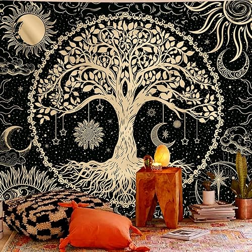 Miniatura 8 de Avinyl Tapiz de Pared Árbol de la Vida para Dormitorio, Tapices Hippie de Sol y Luna Estéticos, Colgante de Pared Negro y Dorado Decoración del