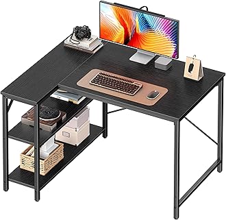 Huuger L Shaped Desk, 39 Inches Computer Desk with Reversible Storage Shelves, Gaming Desk, for Corner Home Office Writing Study, Metal Frame, Black