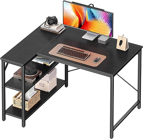 Huuger Escritorio en forma de L, escritorio para computadora de 39 pulgadas con estantes de almacenamiento reversibles, escritorio para juegos,