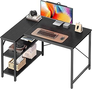 Huuger L Shaped Desk, 39 Inches Computer Desk with Reversible Storage Shelves, Gaming Desk, for Corner Home Office Writing Study, Metal Frame, Black
