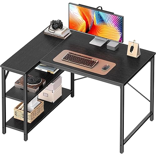 Huuger L Shaped Desk, 39 Inches Computer Desk with Reversible Storage Shelves, Gaming Desk, for Corner Home Office Writing Study, Metal Frame, Black