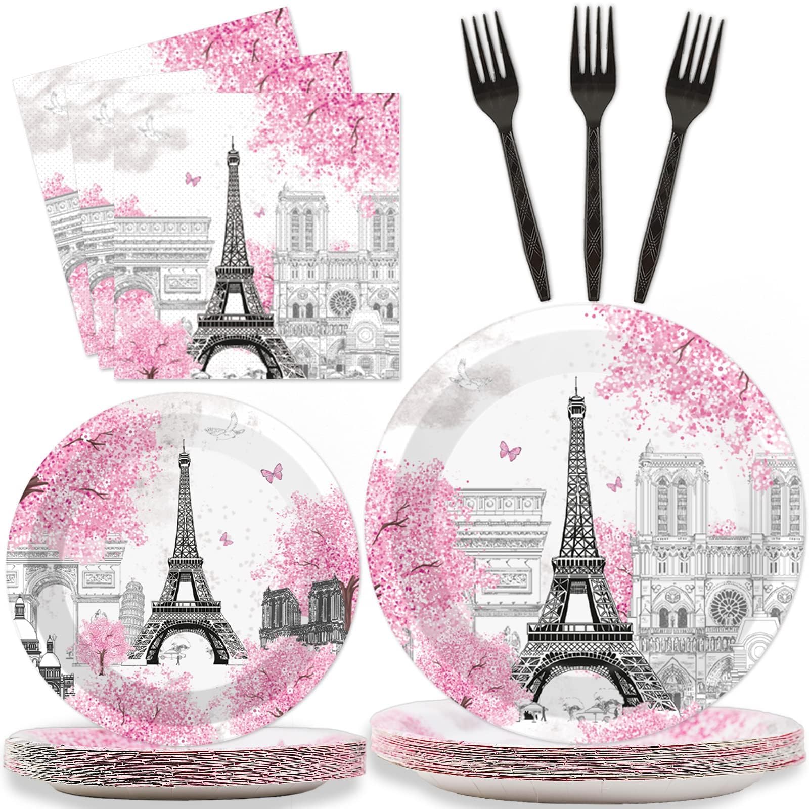 ZOIIWA 96 Pieces Paris Party Plates Eiffel Tower Theme Party Decorations French Parisian Cake Paper Plates and Napkins Disposable Dessert Tableware