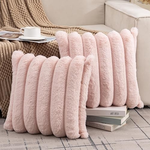 SONAICHTE Juego de 2 fundas de almohada de piel sintética para almohada de cama de 18 x 18 pulgadas, juego de 2 fundas de almohada rosadas,