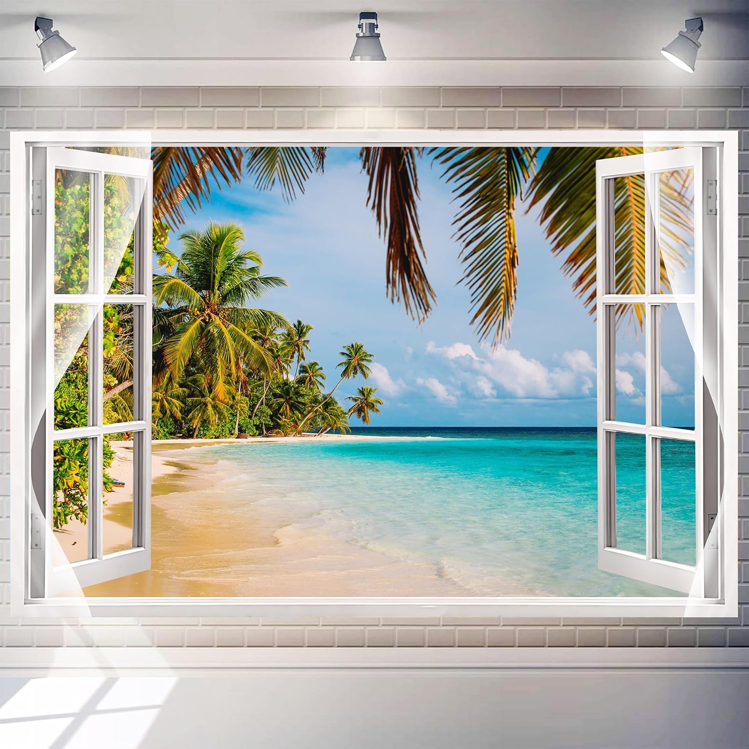 Summer Beach Window Backdrop 7 x 5 ft Hawaii Tropical Ocean Seaside Scene Photo Booth Palm Tree Background Aloha Luau Party Decorations Polyester Home