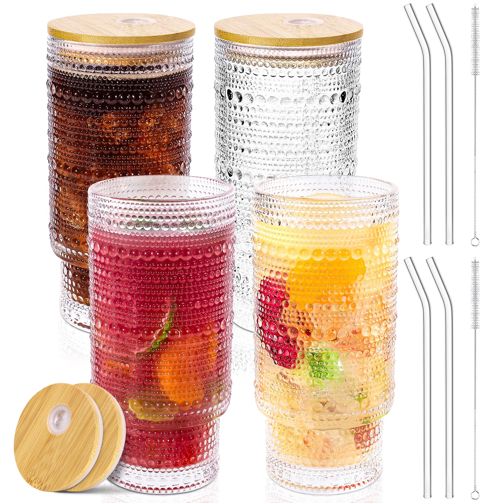CWHHRN Juego de 4 vasos de vidrio con tapas de bambú y pajitas de vidrio, cristalería vintage de 16 onzas para whisky, cóctel, cerveza, café helado para bonitos regalos (juego de 4)