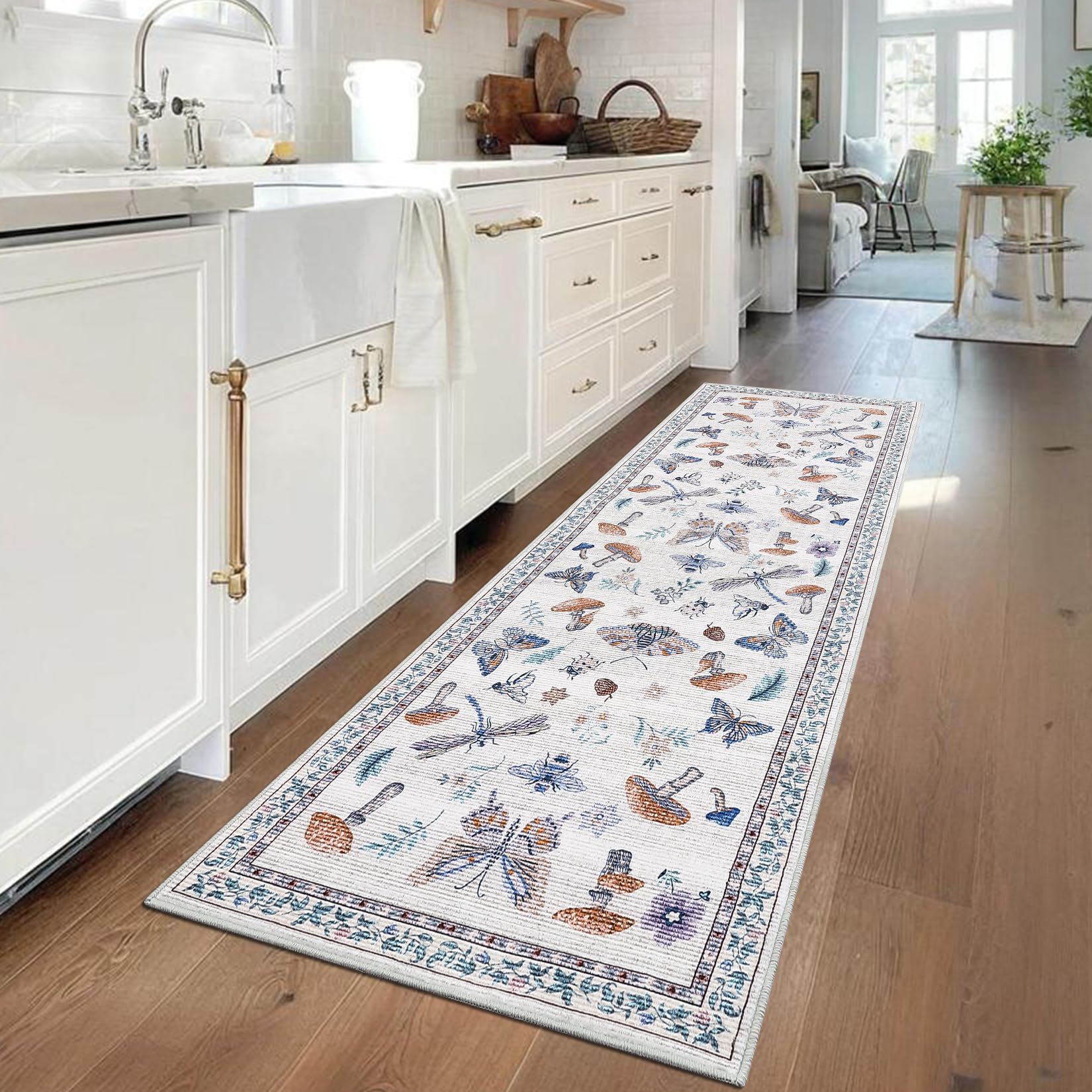 COZYLOOM Washable Hallway Runner Rug (2x6) — Non-Slip Soft Low-Pile Kitchen Runner, Modern Insect Floral, Stain-Resistant Foldable Carpet for Laundry Room, Bedroom & Home Decor (Beige)