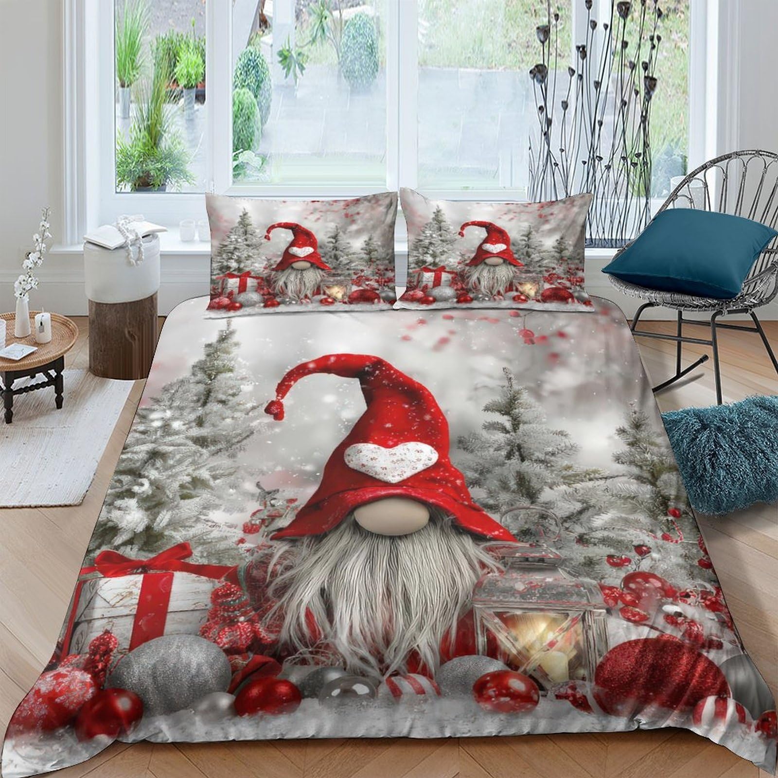 Ctjqhvkz Style-5 3D Printed Christmas Gnome Fitted Sheet Microfiber Red Hat Forest Scene Bed Cover For Bedroom Dorm Mattress Decor Single（135X200cm）