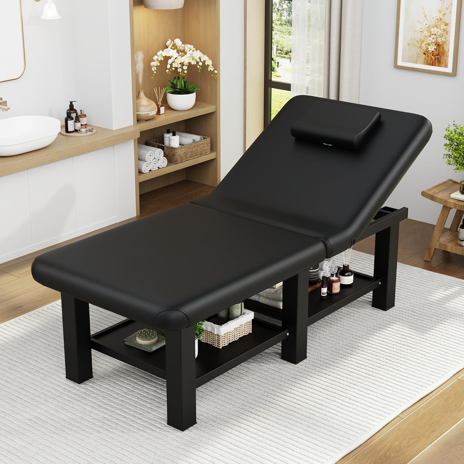 30.5'' Wide × 75'' Long Folding Stationary Massage Table with Backrest and Storage Space for Treatment Table Physical Therapy Table Spa Facial Bed, 6 Square legs, Metal Frame PU Leather - Black
