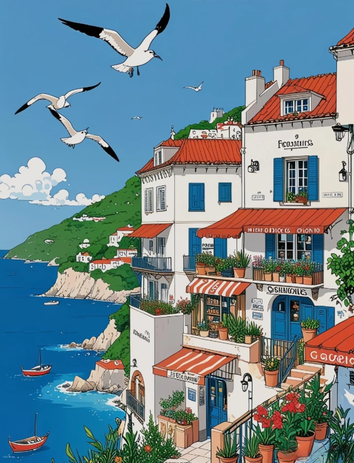 Stithej Pre-Printed Cross Stitch Kit Seaside Town 11CT for Adults Beginners