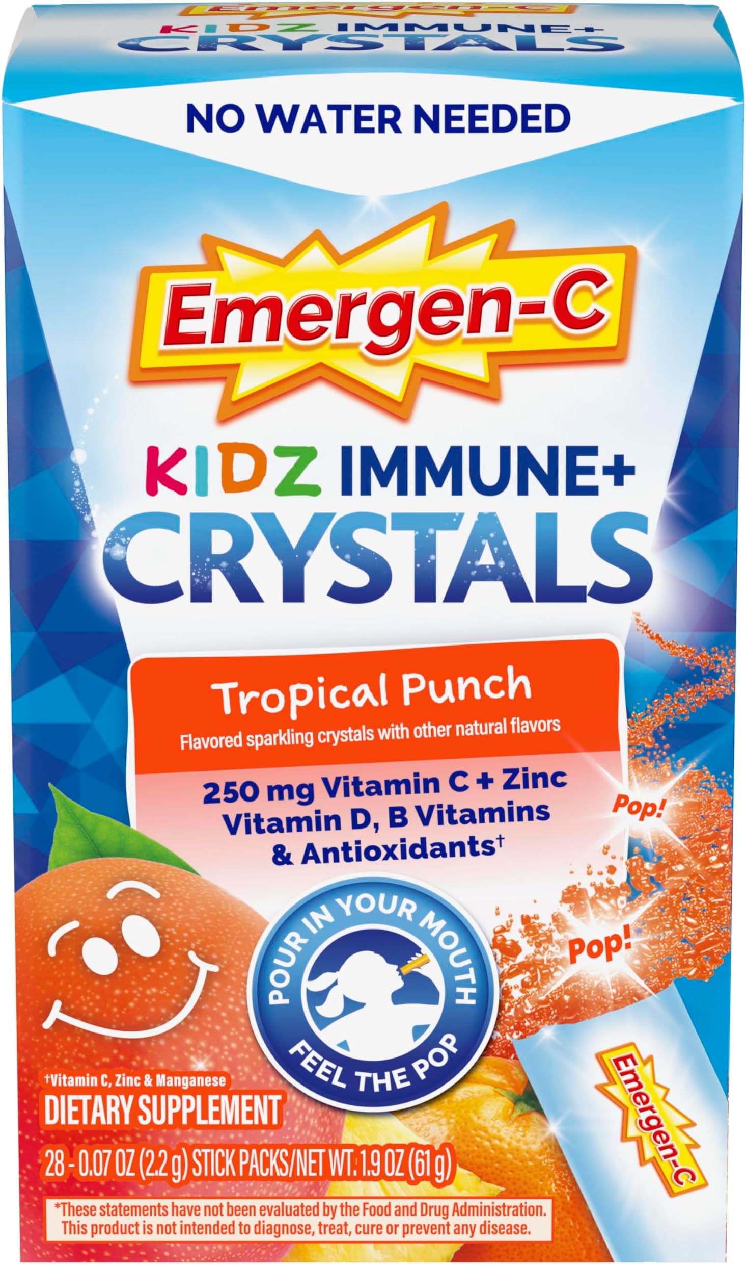 Emergen-C Kidz Immune Plus Crystals, On-the-Go Immune Support Supplement with Vitamin C, Vitamin D, B Vitamins, Zinc and Manganese, Tropical Punch - 28 Stick Packs