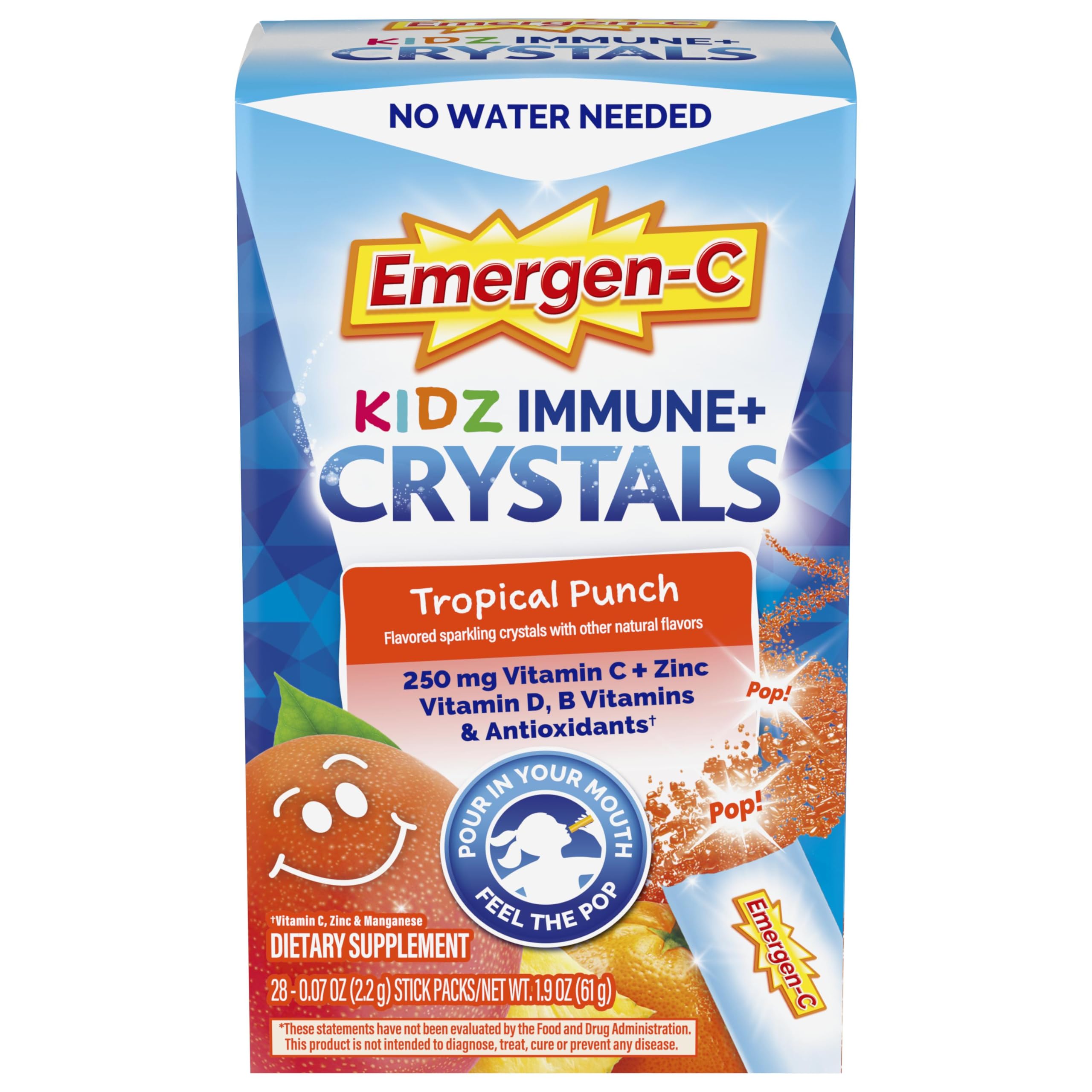 Kidz Immune Plus Crystals, On-The-Go Immune Support Supplement with Vitamin C, Vitamin D, B Vitamins, Zinc and Manganese, Tropical Punch - 28 Stick Packs