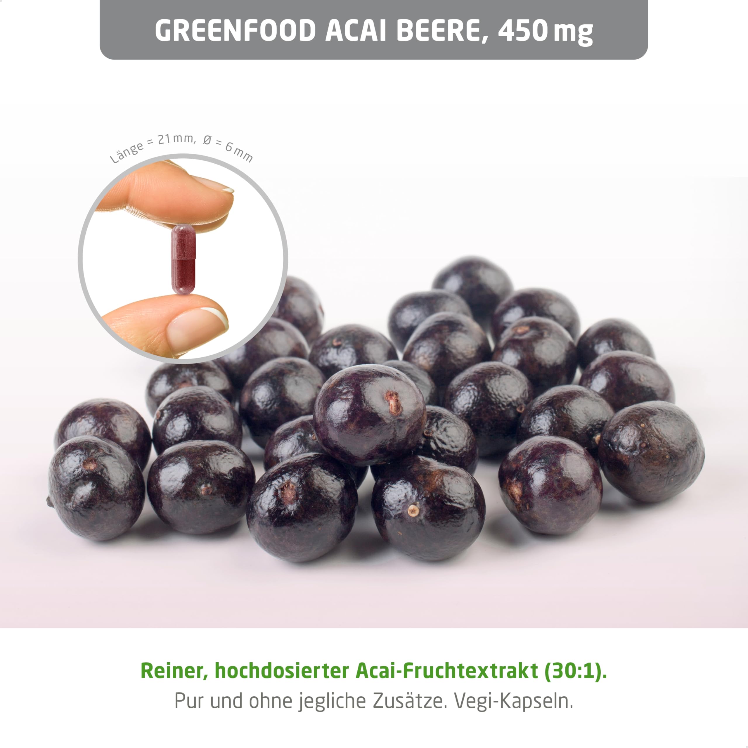 Acai Beere, hochdosiert, 450mg - 120 Kapseln, vegan. Hochwertiger Extrakt (30:1) - reich an sekundären Pflanzenstoffen. OHNE künstliche Zusätze - laborgeprüft. Von Greenfood.