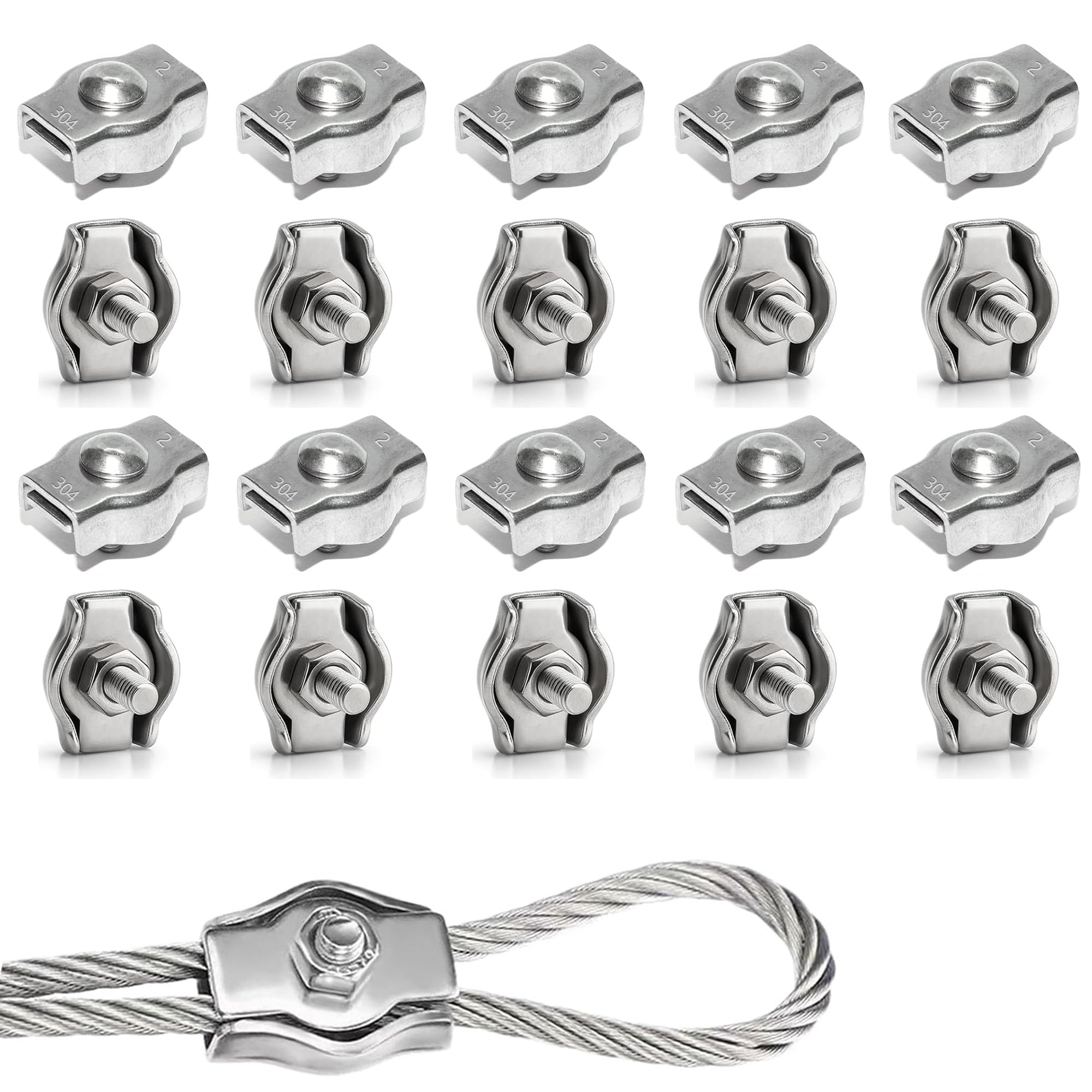 Rshuhx M2 20pcs Wire Rope Clip Clamp 304 Stainless Steel Cable Clip Wire Rope Cable Clamp for Rigging Ropes and Tension Cable Garden Tensioning Awning Fixed Clothesline Tensioner