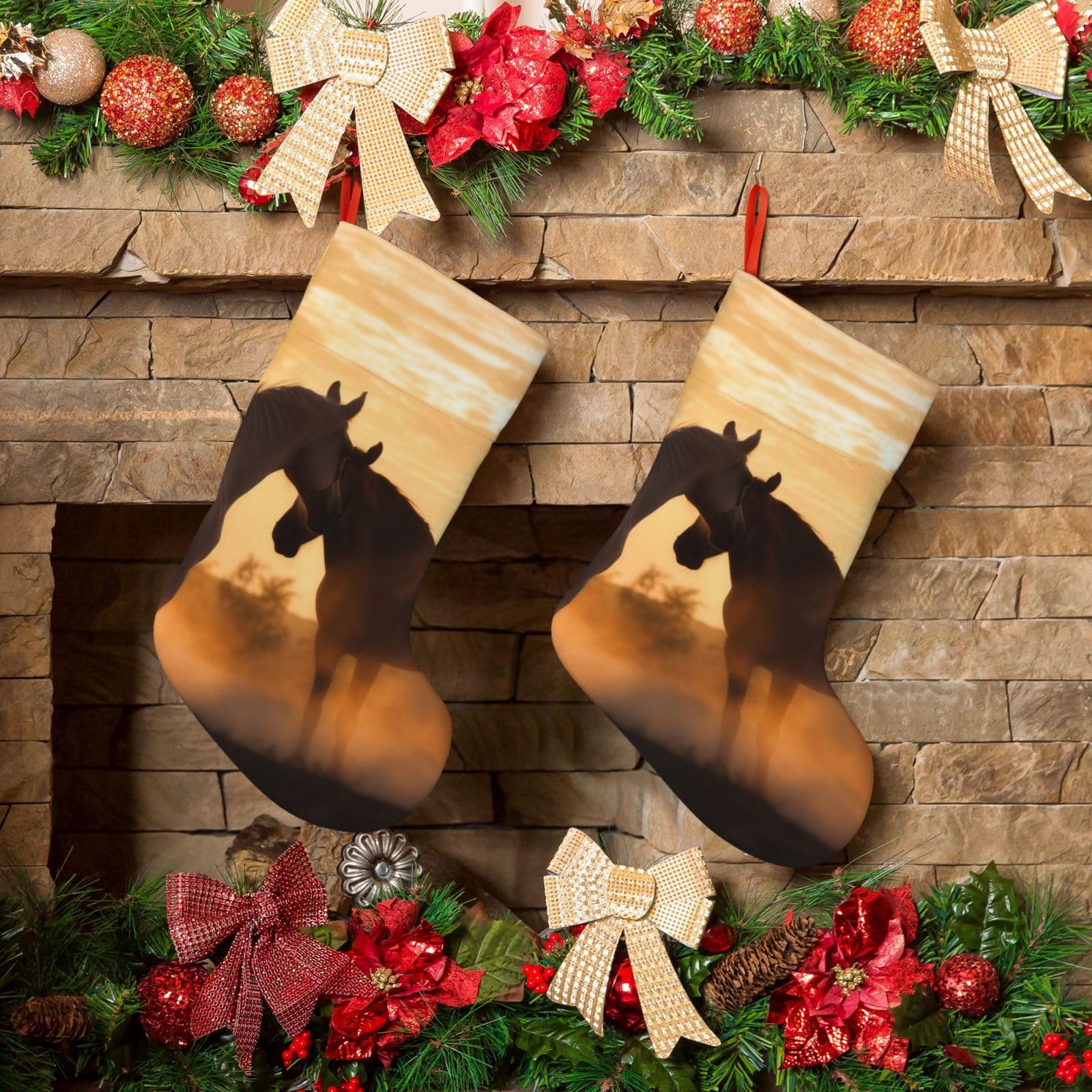 Horses in Love Christmas Stockings 18 Inches Velvet Xmas Fireplace Hanging Stocking Rustic Christmas Santa Stockings for Home Christmas Decorations Party Favor Supplies