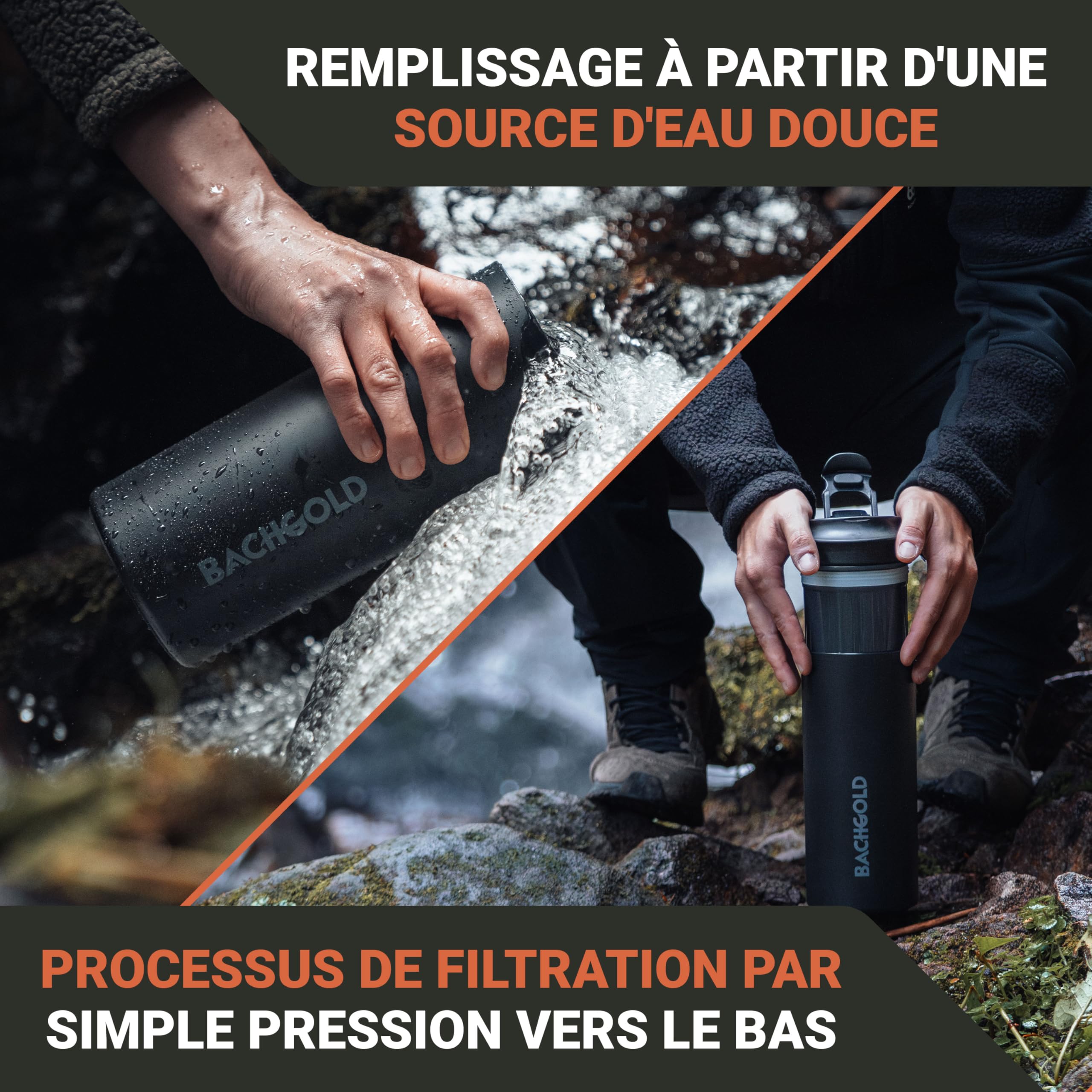 Bachgold Gourde filtrante eau non potable XL 800 ml capacité filtration 2000 L élimine 99,99% bactéries virus particules métaux lourds